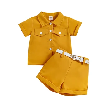 Комплект летни дрехи за момичета 2019, модни однотонная риза с къс ръкав и къси панталонки копчета и колан
