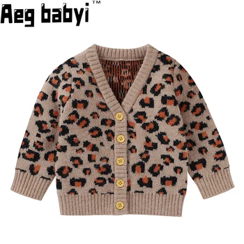 Облекло За новородени момчета и момичета, пуловер с леопардовым принтом, вязаный жилетка с V-образно деколте и копчета, яке, детски ежедневни блузи за есента-зимата