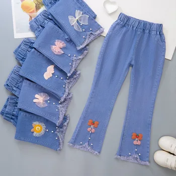 Дънкови разкроена панталони принцеси за момичета, детски дънки, пролетно-есенни детски ежедневни стегнати панталони-клеш, разтеглив универсални панталони