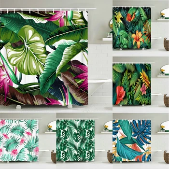 Завеса за баня с листа от тропически растения, душ завеси от непромокаем плат, параван за вана с цветни шарките на листата за декора на банята