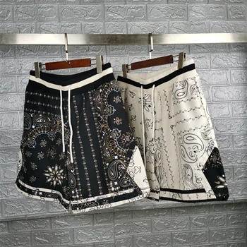 Реколта шорти с флорални принтом кашу, мъжки и дамски къси панталони от дебела тъкан с завязками високо качество