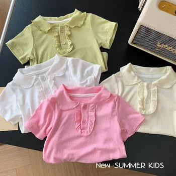 Детска однотонная тениска, летни дрехи за деца 0-6 години, риза с оребрени дъното за момичета, мода лято модельная облекло