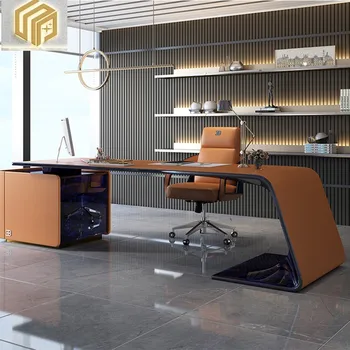 Луксозна италианска дизайнерска офис мебели, мебели за спалня, бюро от масивно дърво, кожена масата на шефа, ъглов президентски маса