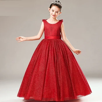 Рокля с цветя модел за момичета, детски вечерна пищната пола принцеса, благородна тест модел червено пиано, костюм за модния подиум, дълга рокля