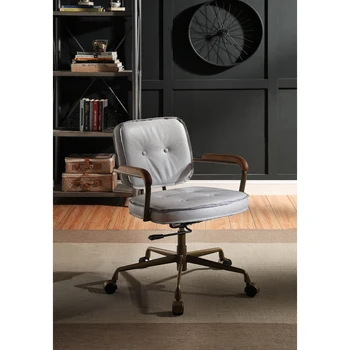 Ретро Бял офис стол от висококачествена зърнеста кожа, стол за почивка, компютърен стол с регулируема облегалка, регулируема на височина, въртящи се на 360 градуса