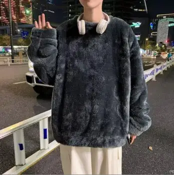Hoody Оверсайз, однотонная мъжки hoody с кръгло деколте и дълъг ръкав от вълна агнешко месо, корейската мода, свободни блузи, градинска облекло Harajuku