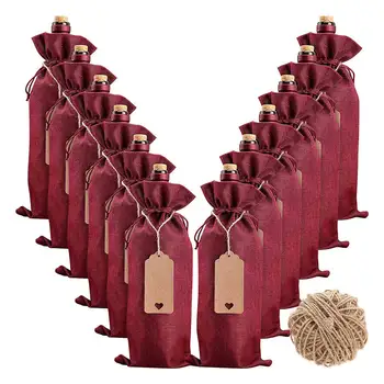 Чанти за вино от зебло, подаръчни комплекти за вино, 12 бр., чанти за бутилки вино с завязками тагове и въжета, за многократна употреба капачки за бутилки вино
