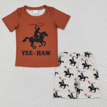 Продажба на едро, летен кафяв комплект за малки момчета, детска риза с къси ръкави за родео, къси панталони за деца с коне, детски дрехи от две части в западен стил