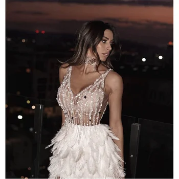 Произведено по поръчка на висококачествена вечерна рокля знаменитост MANRAY, секси рокля с V-образно деколте и ръкави, Рокли с пайети, разкошни пера, мини-вечерна рокля за абитуриентски бал