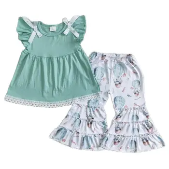 Продажба на едро, дрехи за малките момичета в стил Уестърн с къс ръкав, кафява памук топ, разкроена панталони с шарките на кактус, пролетта на детски комплект