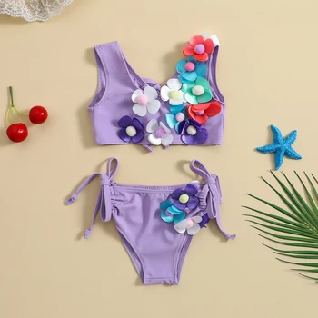 2023 Нов сладък цял бански с цветен модел за деца, комплект бикини с еластична 3D-модел без ръкави, летен плажен бански костюм