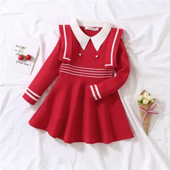 Памучно рокля в училищна форма за малки момичета, пролетно-есенен детски вязаный пуловер, пуловер за тийнейджъри 1-10 години, дрехи за деца