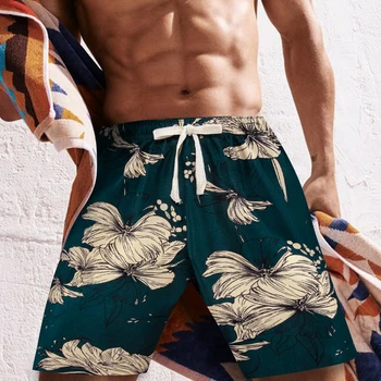 Мъжки къси панталони Годишният бански за фитнес зала, плажен костюм, спортно облекло, копринен черен с флорални принтом, без еластичен жилетка, быстросохнущий Бари Уонг
