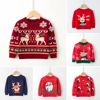 Коледен пуловер за деца, зимни дрехи за малките момичета, вязаный топъл пуловер с лосем за детски дрехи, зимни дрехи за момчета
