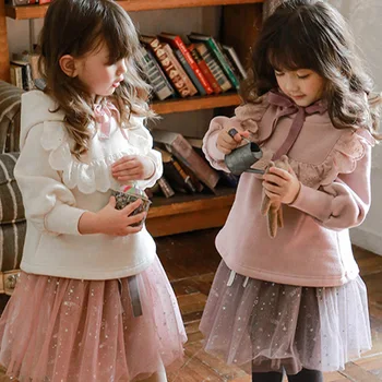 Свитшоты за момичета в корейски стил, сладък пуловер с качулка и рюшами и лък, модерен есенно-зимни детски блузи DT616