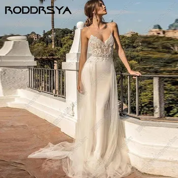 RODDRSYA Секси сватбена рокля с V-образно деколте и аппликацией във формата на Русалки, елегантна атласное сватбена рокля без ръкави, романтична сватбена рокля-спагети с отворен гръб за булката