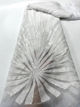 Лейси плат с пайети в нигерия стил 2023, Благородна бяла африканска тюлевая Плат с бродерия за шиене на сватбена рокля, Сетчатое дантела 5 ярда