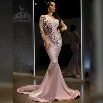 Секси рокля за абитуриентски бал в стил Русалка от персиково-розов сатен с V-образно деколте, прозрачни ръкави, Кристали, 3D Цветя, къдри, вечерни рокли, елегантни рокли