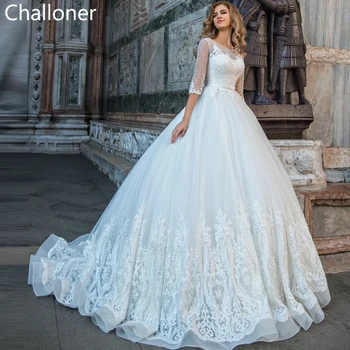 Сватбена рокля с къси ръкави Challoner 2023 с Колан и Бели кружевными апликации Сватбени и бални рокли Принцеса с отворен гръб Vestidos de Новия
