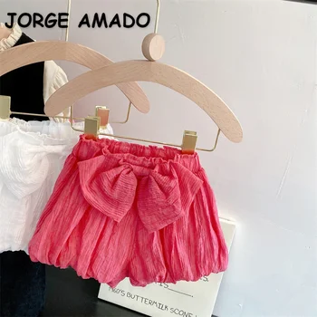 Нови летни къси панталони за малки момиченца розов, бял цвят, тънки панталони с еластичен колан и лък за деца 2-6 години, модни дрехи E26240
