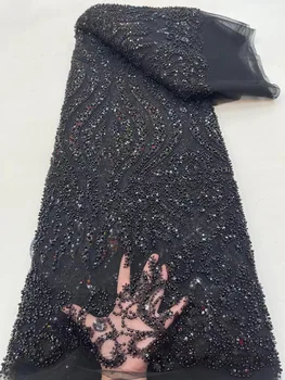 Черна африканска луксозна лейси тъкани от тюл с мъниста, френска висококачествен плат, расшитая пайети и перли, за сватбени рокли