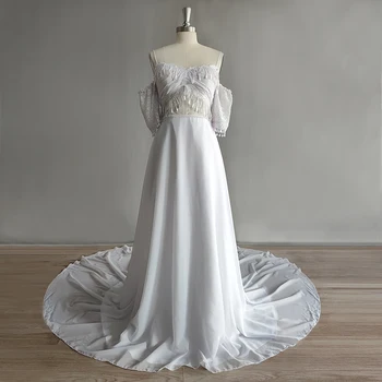 Съкратен топ с пискюли, сватбената рокля на тънки спагети презрамки, 2023, шифоновое сватбена рокля с влак в сгъвката на