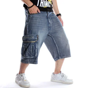 Мъжки-големи размери, свободни широки дънкови шорти, мъжки дънки, модни градинска облекло в стил хип-хоп, 3/4, панталони-карго, бермуди с джобове, мъжки сини