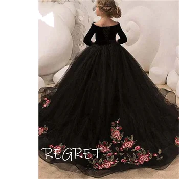 Рокля с бродерия в ретро стил за момичета в цветенце, елегантна черна бална рокля на принцеса, детска рокля с къс ръкав за рожден Ден, рокля за първо причастие
