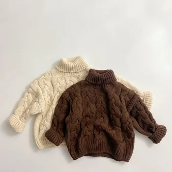 Обикновен пуловер-пуловер с висока воротом и дълги ръкави за момчета и момичета, есенно-зимен пуловер за момчета и момичета, вязаный загрята пуловер за детски дрехи