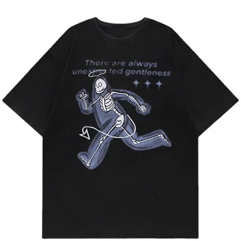 Мъжки градинска облекло в стил хип-хоп, выстиранная черна тениска за бягане с череп и виртуален скелет, реколта графична тениска Harajuku 2023, летни памучни потници и тениски