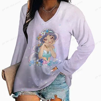 Есенна дамска мода Disney Princess, всекидневни топ с дълъг ръкав и V-образно деколте, елегантен и темпераментна пуловер, тениска свободно размер