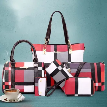 Нови модни луксозни чанти, Нови, 6 бр./ компл., дамска чанта в клетката, женствена чанта през рамо, чанта за пазаруване, женствена чанта през рамо