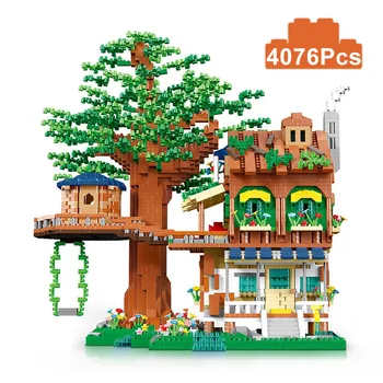 Diamond елф, зелено дърво Къща, Вила в джунглата, архитектурен модел, строителни блокове, Гледка към улицата на града с фигурки, микро-тухли, играчки MOC