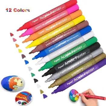 Акрилни писалка за рисуване, комплект непромокаеми акрилни маркери химикалки, 12/18 цветове, акрилни дръжки за diy от камък, керамика, дърво и т.н. (Средно съвет)