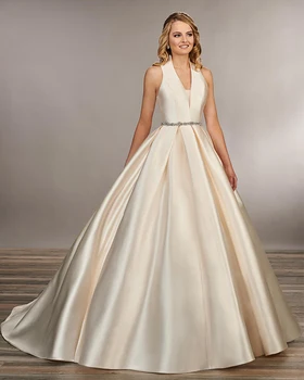 Нови постъпления Просто Френското атласное бална рокля Сватбена рокля Vestido De Casamento с V-образно деколте, отворен гръб, блестящ колан, сватбена рокля
