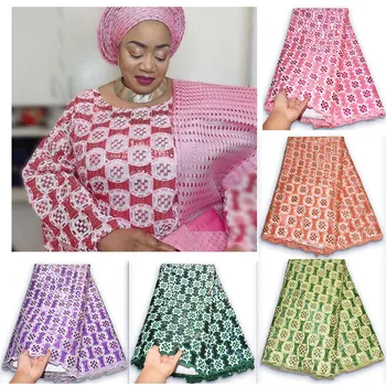 2023 Африкански дантела от органза, лейси плат, ръчно изработени, на 5 ярда, красива нигерийская лейси плат за шиене на дрехи с много пайети и камъни