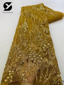 2023 най-Новите прекрасни златни африкански мъниста, ръчно изработени Дантелени Тъкани Луксозни нигерийски блясък на Окото лейси Плат За вечерна рокля Y5317