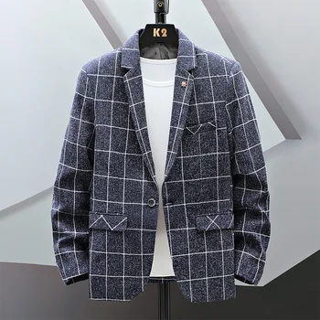 Мъжки Костюм, сако 2023, пролет-Есен, мъжки ежедневни каре палто в корейски стил, бизнес блейзери в стил хип-хоп, мъжки костюм, риза, градинска облекло