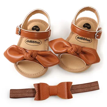 2023 Сандали с лък изкуствена кожа за Малки Момичета, обувки с превръзка на главата, лятна детски обувки с мека гумена подметка за новородено, обувки за първите проходилки, малки деца
