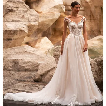 Винтажное сватбена рокля цвят на слонова кост трапецовидна форма с отворен гръб, дантелено вечерна рокля Макси саппликацией, V-образно деколте, Vestidos De Noiva Ръчно изработени