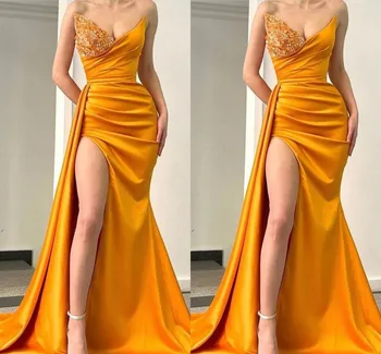 Жълти Секси рокли на Русалка, за бала, за жени, по-големи размери, бродирани с мъниста, пайети, гънки, вечерни рокли с цепка отстрани