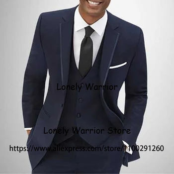Тъмно син костюм за мъже, оборудвана бизнес блейзър, домашен сватбен смокинг на младоженеца, ежедневни яке, жилетка, панталон, костюм Homme от 3 теми