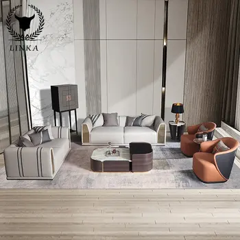 Италиански луксозен диван от масивно дърво, съвременни домакински кожен диван, масичка за чай, комбинирана проста мебелите за дневна