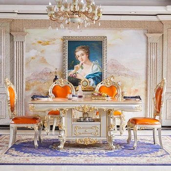 Ресторанная мебели европейския кв. маса с дърворезба мраморна маса и стол, комбинация от цвят шампанско и злато