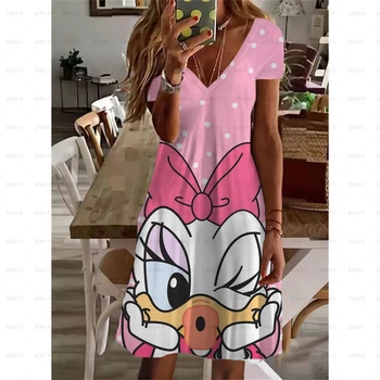 Лятото Женствена рокля с 3D принтом Disney Donald Duck, V-Образно деколте, Ежедневна Елегантна Рокля с Дължина до коляното, Рокля с Фатален Рисувани стил Y2K