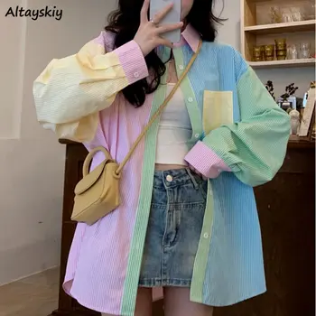 Шарени ризи за жени, дизайн в стил мозайка, скъпи млади момичета куртки, пролетно и ежедневни облекла в корейски стил, универсална ежедневни облекла