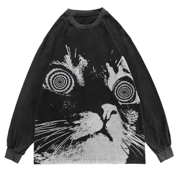 Kwaii Облекло Harajuku, готическия пуловер Оверсайз с сладък котка и принтом, Hoody Дамски 2023, Нова мода, Ежедневни свободни потници, Облекло