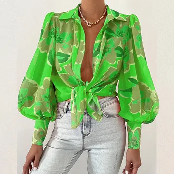 2023 Лятна нова Мода секси Дамска риза с яка Поло с пузырчатым ръкав, Дамски Блузи с дълъг ръкав, Дамски Блуза с принтом