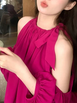 Френска Елегантна блуза с открити рамене, офис дамски ежедневни риза с дълъг ръкав, женски празничен съкратен топ Y2k, корейската мода, Лято 2023