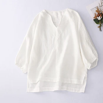 Дамски памучен бельо риза 2023, пролетно-лятна бяла блуза свободно намаляване с бродерия, ежедневни градинска облекло